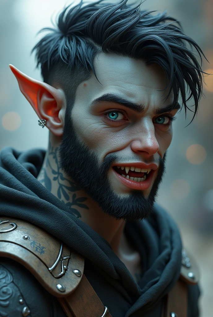 A half-orc and half-human teenager, 1, with gray skin, short black hair, blue eyes, two large fangs in his mouth, hairless at the bottom, and a beard, with an eyebrow piercing and tattoos on his arms, 175 cm tall.