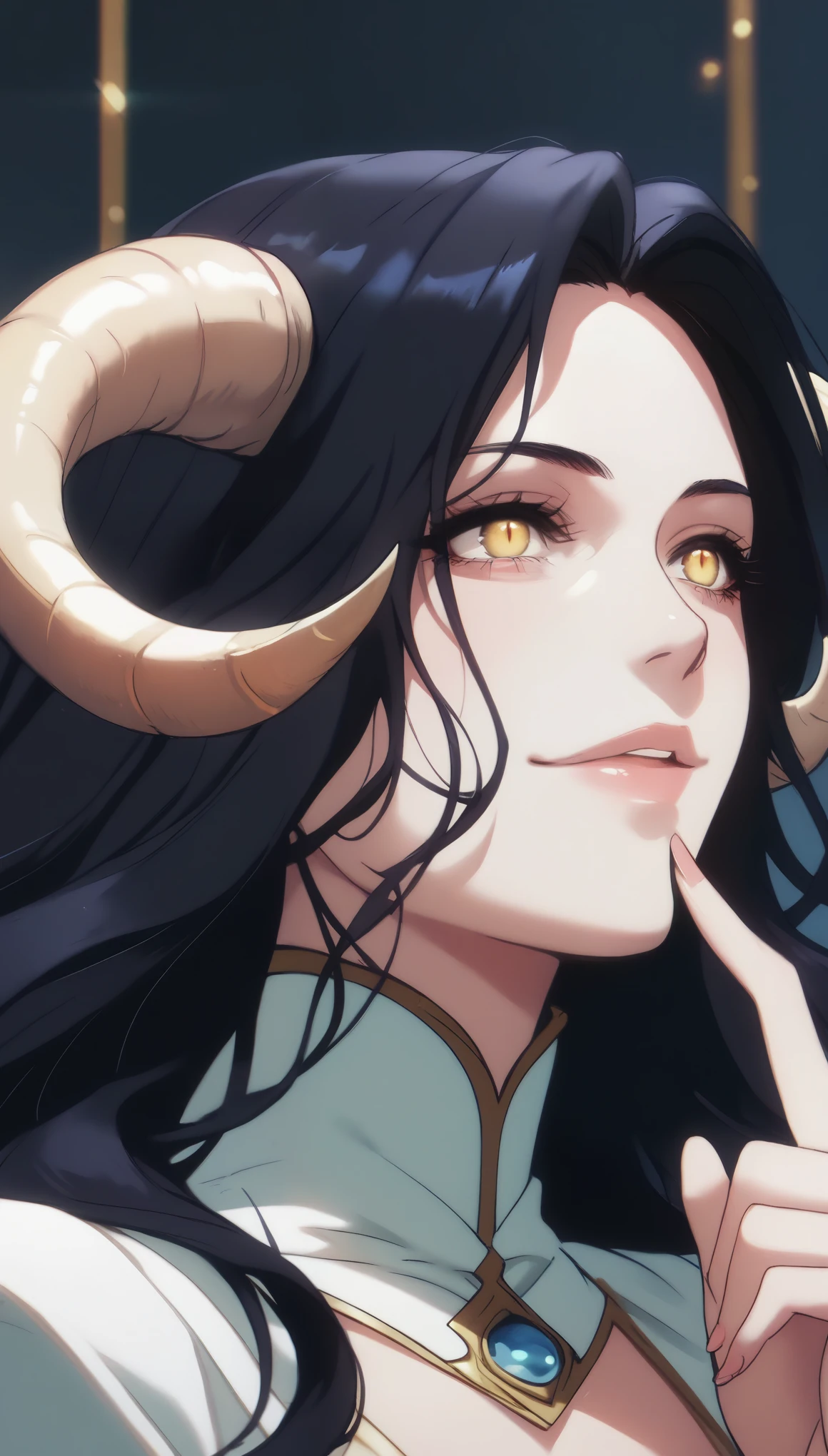 A demonic and seductive looking anime character, with black wings, long dark flowing hair, bright golden eyes, and curved horns like those of a ram. has pale skin, a mischievous smile and a playful and mysterious expression, holding a finger to his lips as if silencing someone. She wears a white dress with intricate detailing and gold accents, along with a blue gem on his chest. The scene is dramatically lit., with soft shadows that enhance her sharp features, as the background fades into darkness, adding an enigmatic and magical touch. The style is a mix of anime fantasy with intricate details, Capturing an intense portrait, close and dynamic