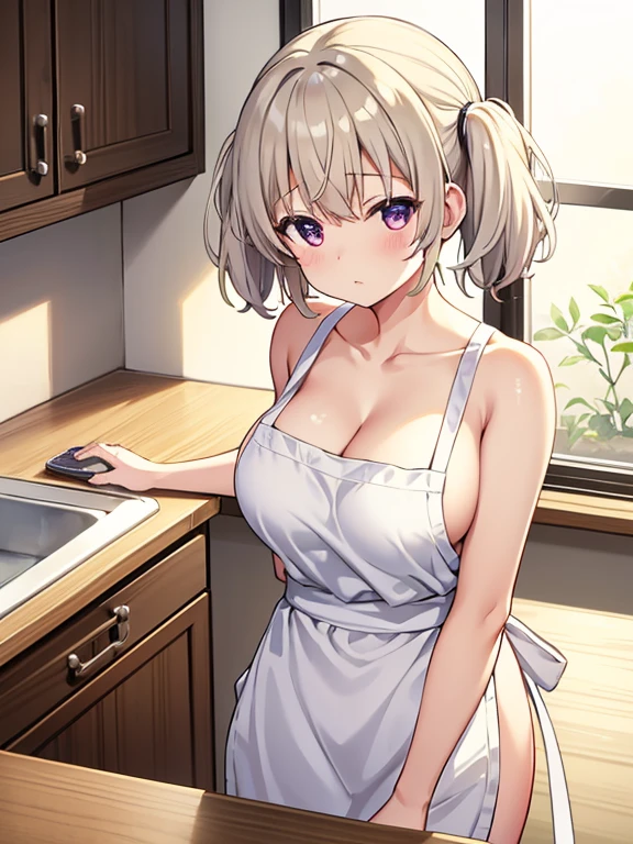 Shooting in the kitchen,Show the whole body,One girl,yoshinaga koi,Beige hair color,Short Hair,Twin tails,Big Breasts,Cleavage,White naked apron