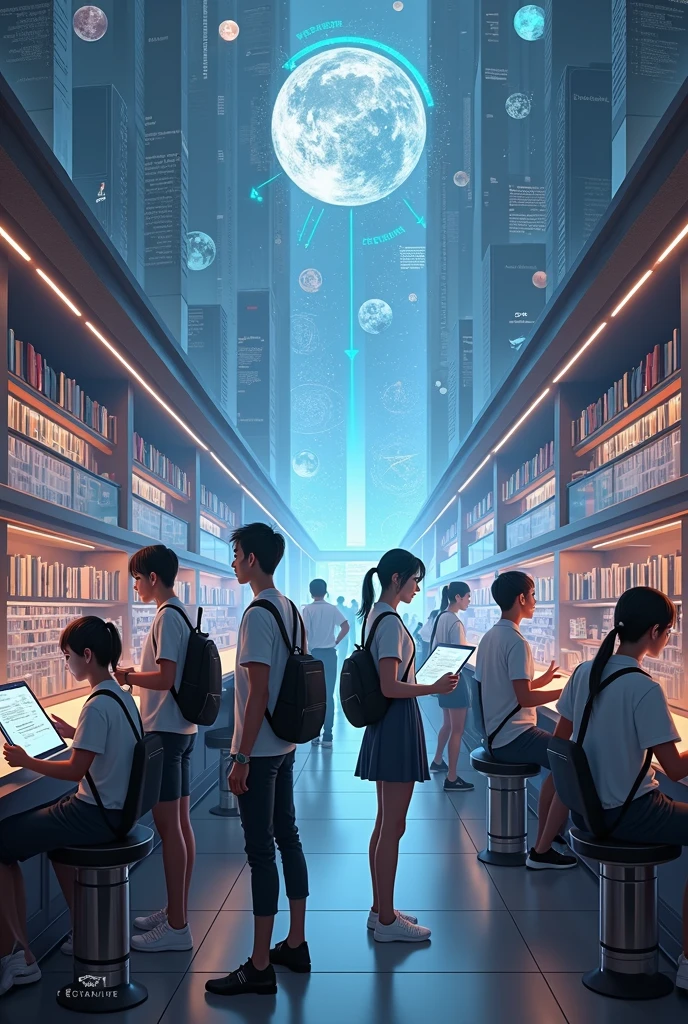 Students,book,reading,library,future,robot,star,interesting