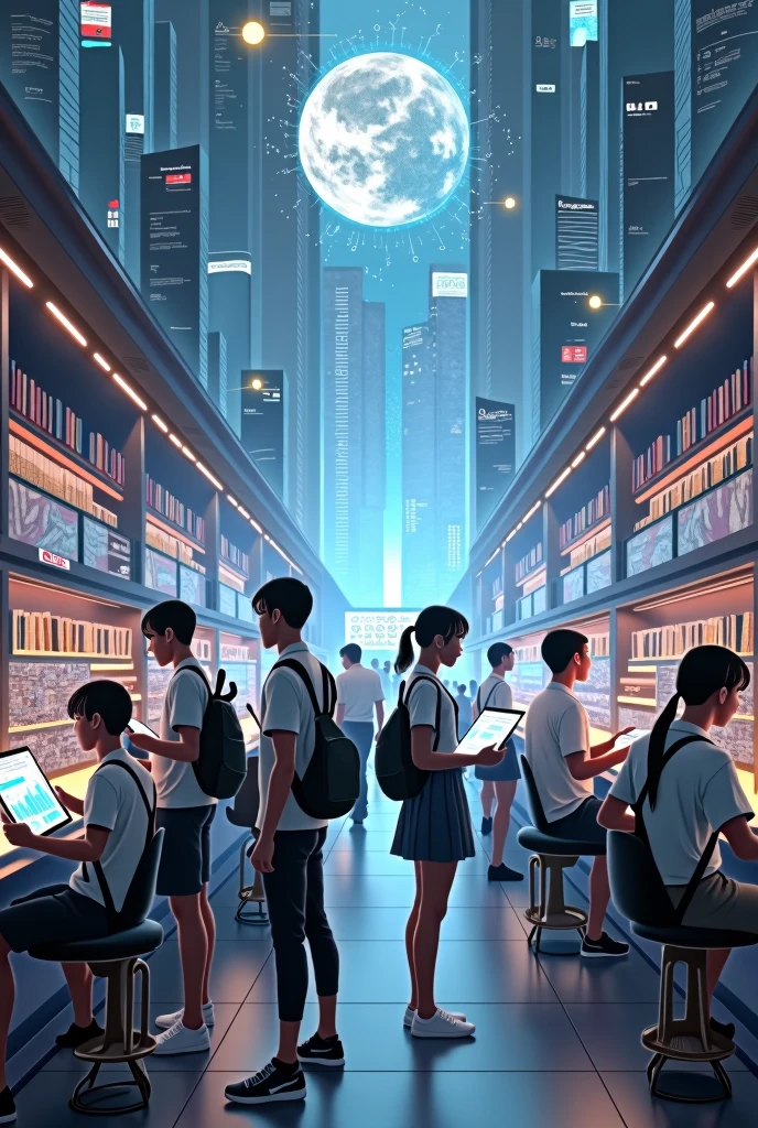 Students,book,reading,library,future,robot,star,interesting