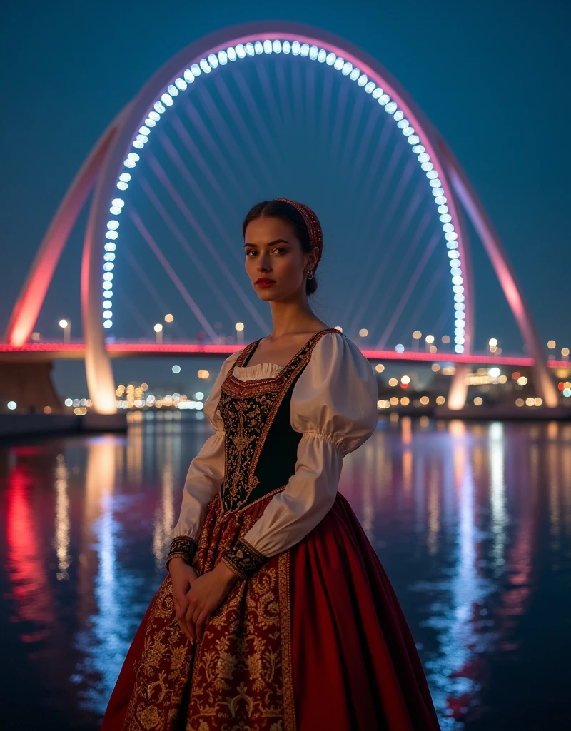 A Dutch woman wearing a traditional Dutch dress, posing in front of the Erasmus bridge in Rotterdam in the night with the city lights in the background, panorama composition, masterpiece, realistic, 4k, photography quality
