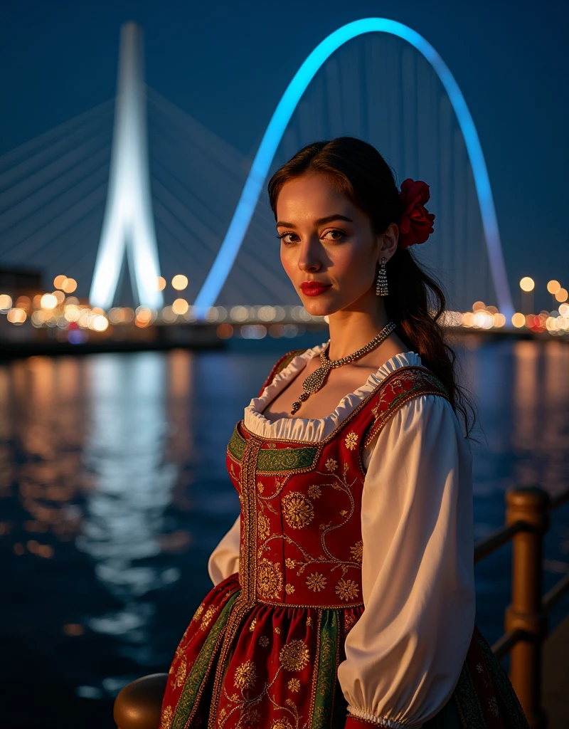A Dutch woman wearing a traditional Dutch dress, posing in front of the Erasmus bridge in Rotterdam in the night with the city lights in the background, panorama composition, masterpiece, realistic, 4k, photography quality