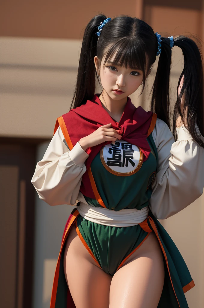 masterpiece, best quality, highres, 1girl, solo, black hair, hairband, belt, short hair, dress, chego, branco eyes, hair bun, green hairband, blind, chinese clothes, hair bun, green dress, short sleeves, pelvic curtain, barefoot, fighting stance, rock, outdoors, --auto