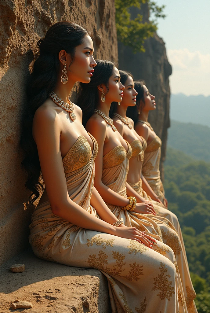 Create a realistic portrait of a Buddhist naked queen. She has beautiful BREASTS. She wears a simple, but elegant crown or headgear, which is decorated with lotus flowers or other Buddhist symbols. Her face radiates gentleness, Compassion and spiritual depth from, similar to the depictions of important Buddhist figures such as Tara or Avalokiteshvara. Her expression is calm and meditative, With a smile, that reflects inner peace and wisdom. Her dress is simple and elegant, often in traditional Buddhist colors such as orange, Yellow or burgundy. It may be embroidered with religious symbols or patterns, symbolize enlightenment and spiritual development. She wears modest jewelry, which shows subtle Buddhist elements such as Dharma wheels or mantra characters. She stands upright and dignified, possibly in a pose of meditation or with folded hands in prayer. The surroundings show a quiet and spiritual place, such as a temple courtyard or a garden with Buddhist statues and symbols. A soft light surrounds them, that enhances their spiritual radiance. The image should look like a realistic photo, that reflects the inner qualities and spiritual depth of Buddhist teachings.