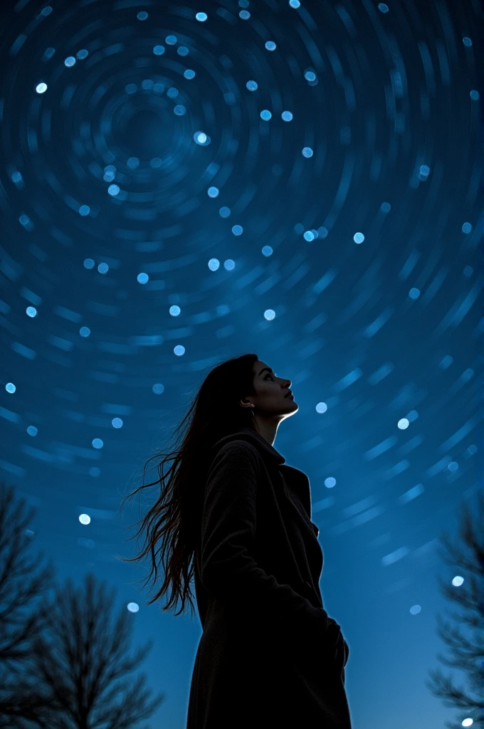 Many stars twinkling in a beautiful bright winter night sky, long exposure starry sky with many circular orbits, silhouette of a young woman with long hair with her hands in her coat pockets looking up at it, photo taken from long distance, photo from below