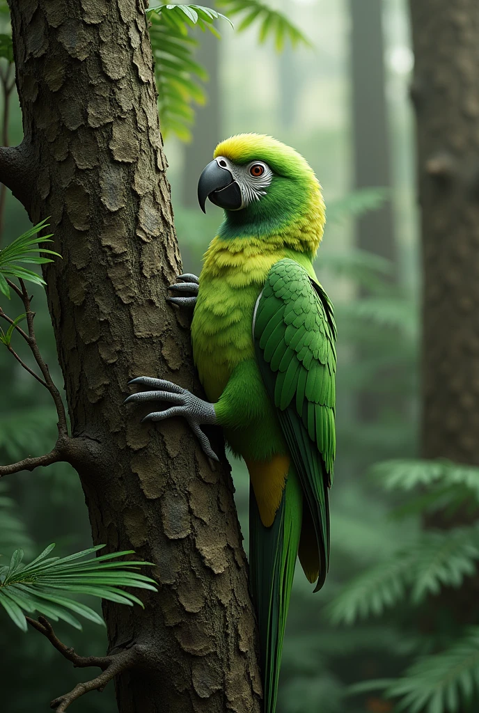 Gambar Kakapo sedang memanjat pohon, with a forest backdrop in New Zealand.