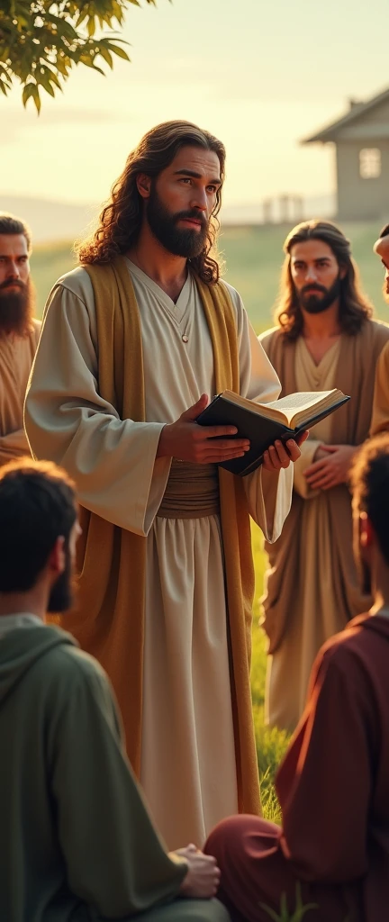 Jesus teaching with the Bible in his hands and the disciples interacting with him