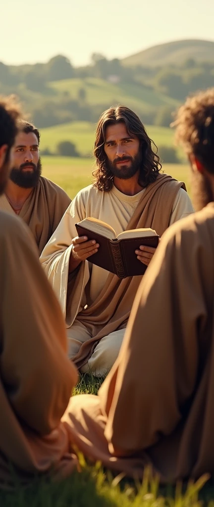 Jesus teaching with the Bible in his hands and the disciples interacting with him