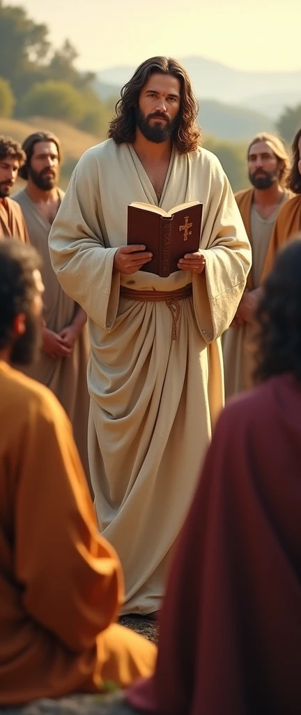 Jesus teaching with the Bible in his hands and the disciples interacting with him