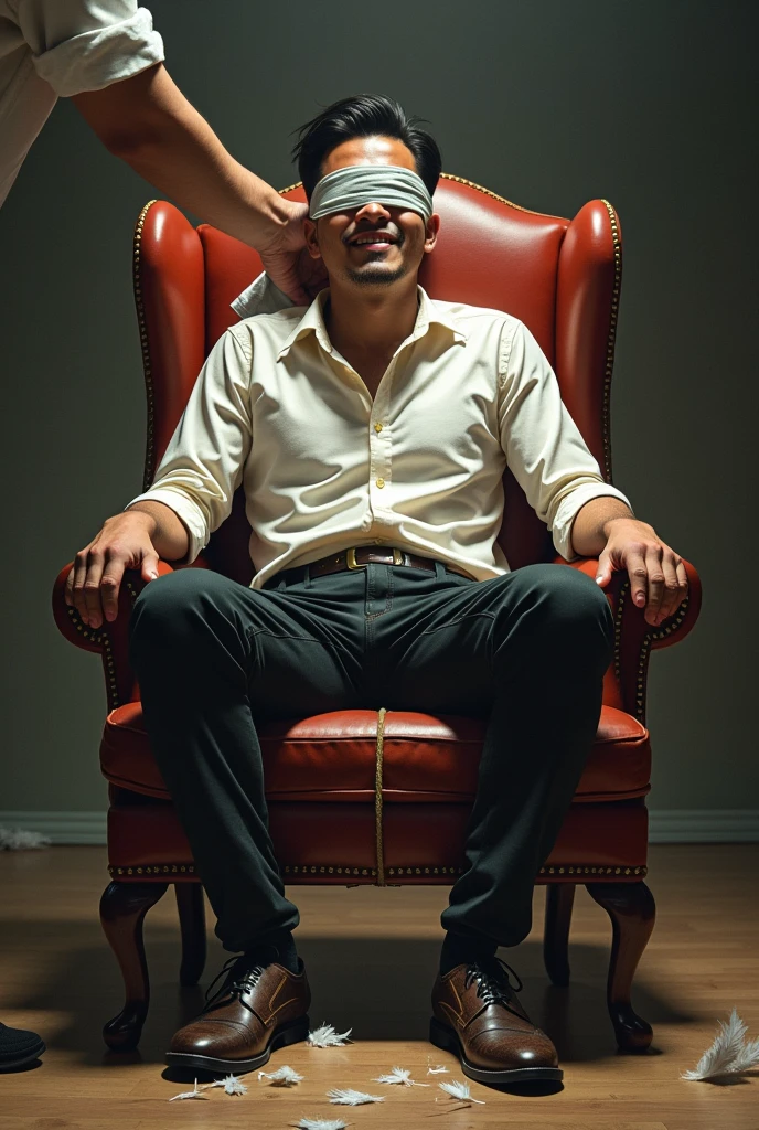There is a handsome young Malay businessman from Malaysia named Haqiem tangan,legs with black socks tied with ropes to the chair and eyes covered with cloth A man opened Haqiems shoes and tickled Haqiems soles with chicken feathers Haqiem laughed uncontrollably because his socked soles were being tickled