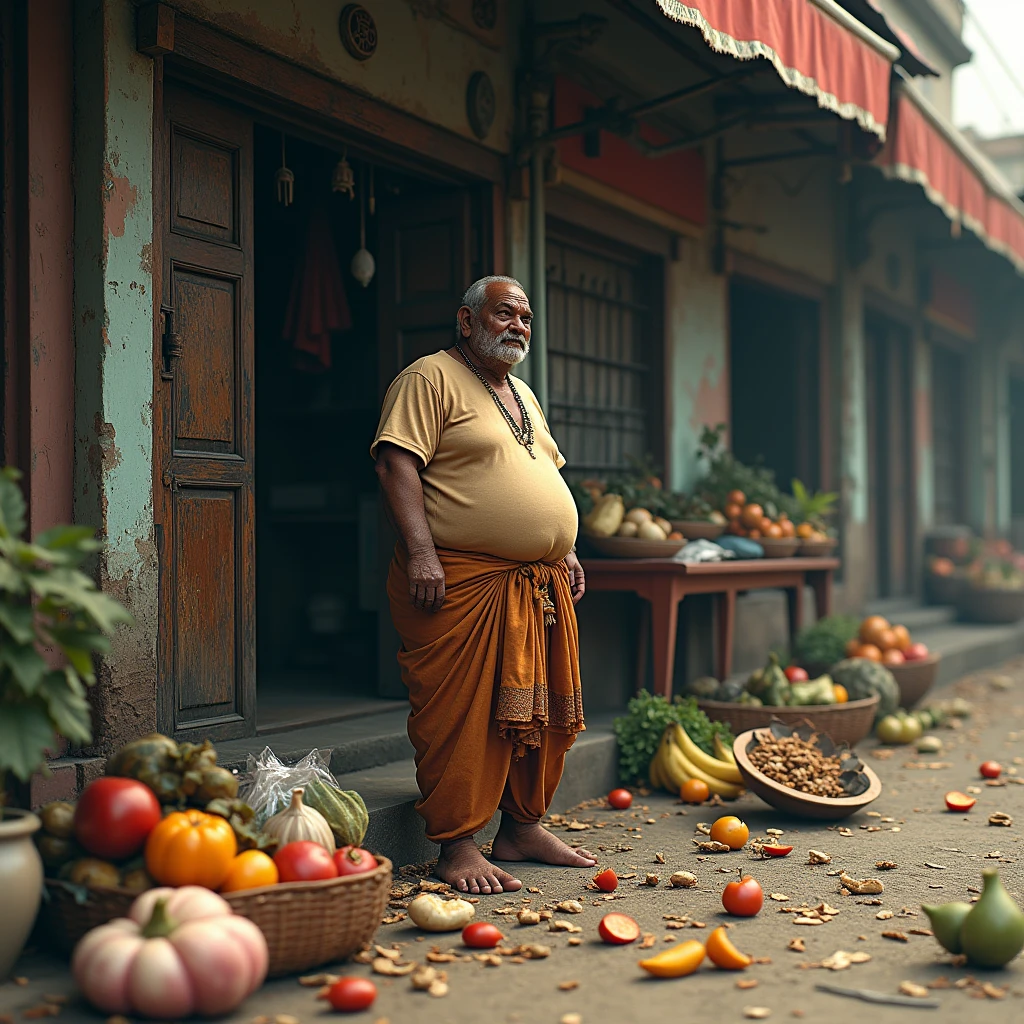 outside the Indian shop pickings food has been thrown and the fat shopkeeper watching the pickings food from his shop realistic