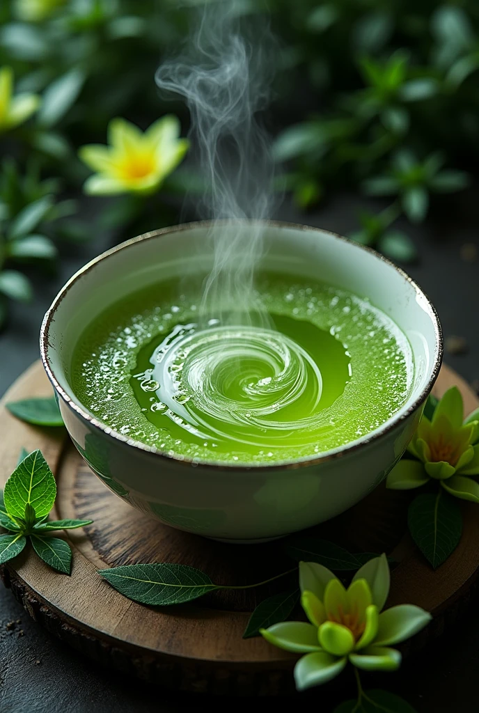 Product Design,Green tea seen from above,Silver edge bowl,Splashing green tea,Black background,Surrounded by leaves and flowers,Leaves flutter,A spectacular whirlpool on the water surface,steampunk,Green Flower,Transparency,drop,Delicate swirl,Like a water basin