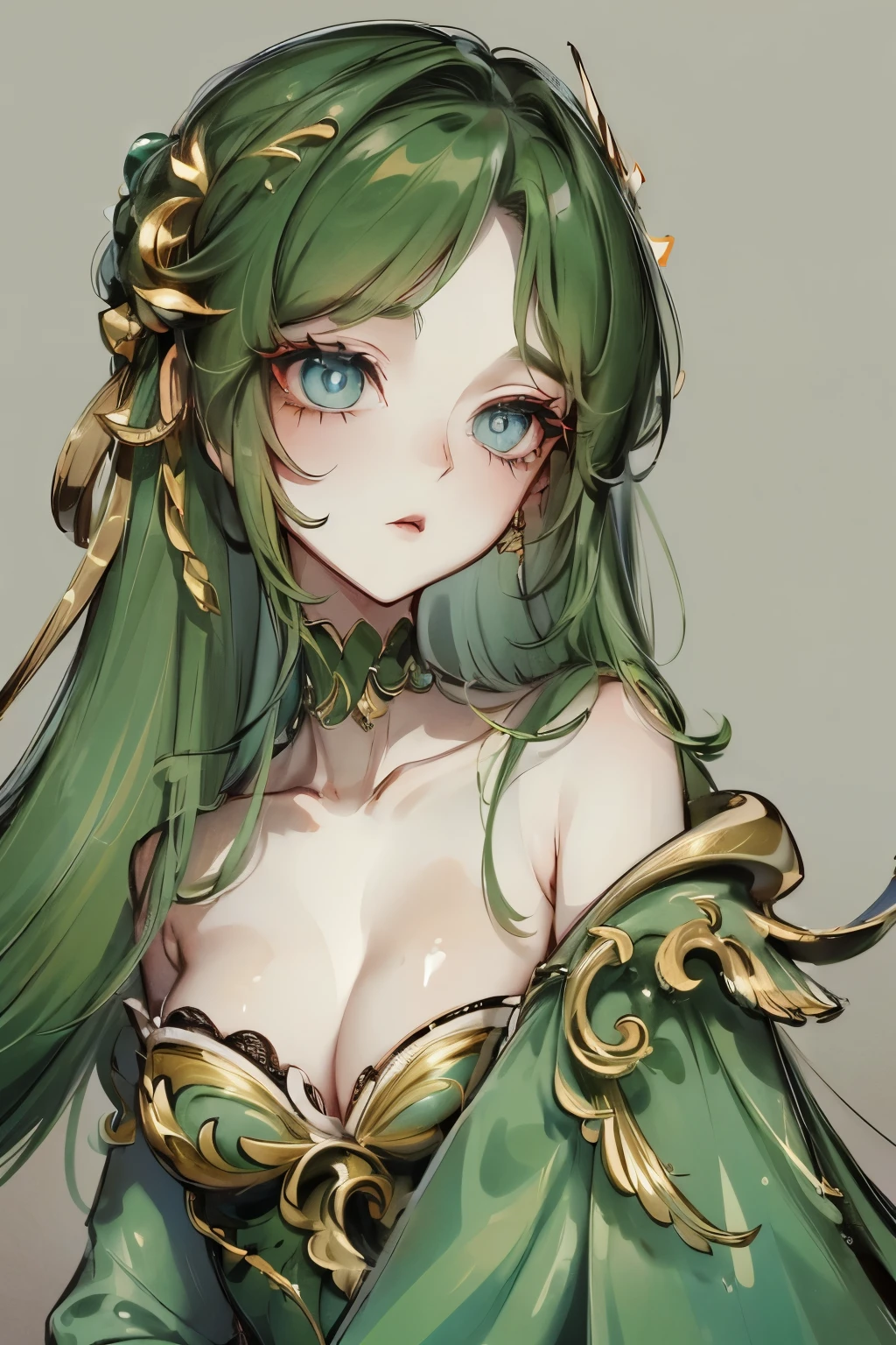 (masterpiece, best quality:1.2), 1 Girl, Solitary, Skin details, Beautiful facial features, Exquisite makeup, Green clothes, Exquisite eyes, Eye details, Hairpin, Hair, Shimmer
