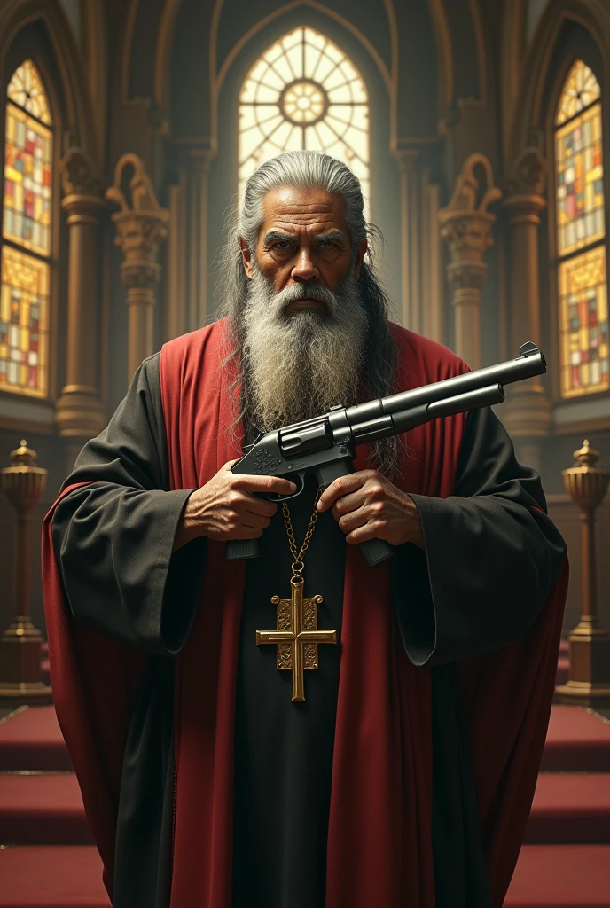 Kiccha suddeep as a old man wearing a ponytail in a church father robe firing guns full picture
