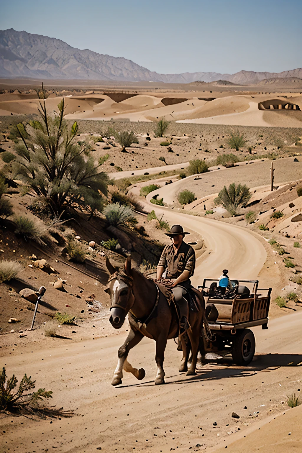 Man and his donkey in desert. They have gallons of gasoline