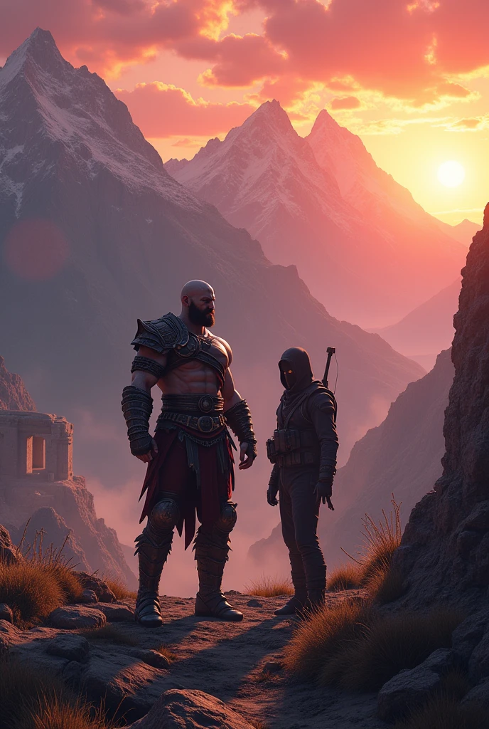 kratos (god of war) e ghost (call of duty) in a mountain setting with sunset and orange sky, roxo e rosa