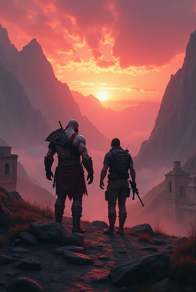 kratos (god of war) e ghost (call of duty) in a mountain setting with sunset and orange sky, roxo e rosa