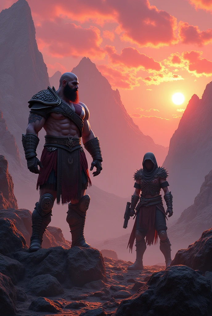 kratos (god of war) e ghost (call of duty) in a mountain setting with sunset and orange sky, roxo e rosa