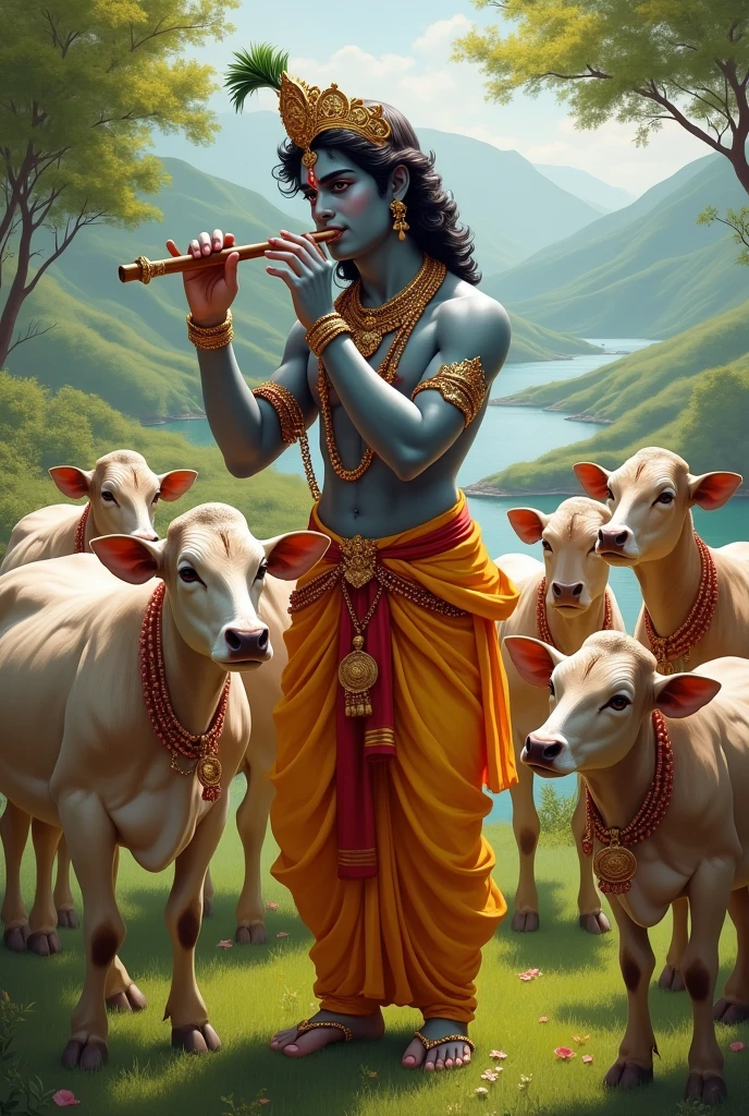 Create load Krishna image with seven cows in the image with flute