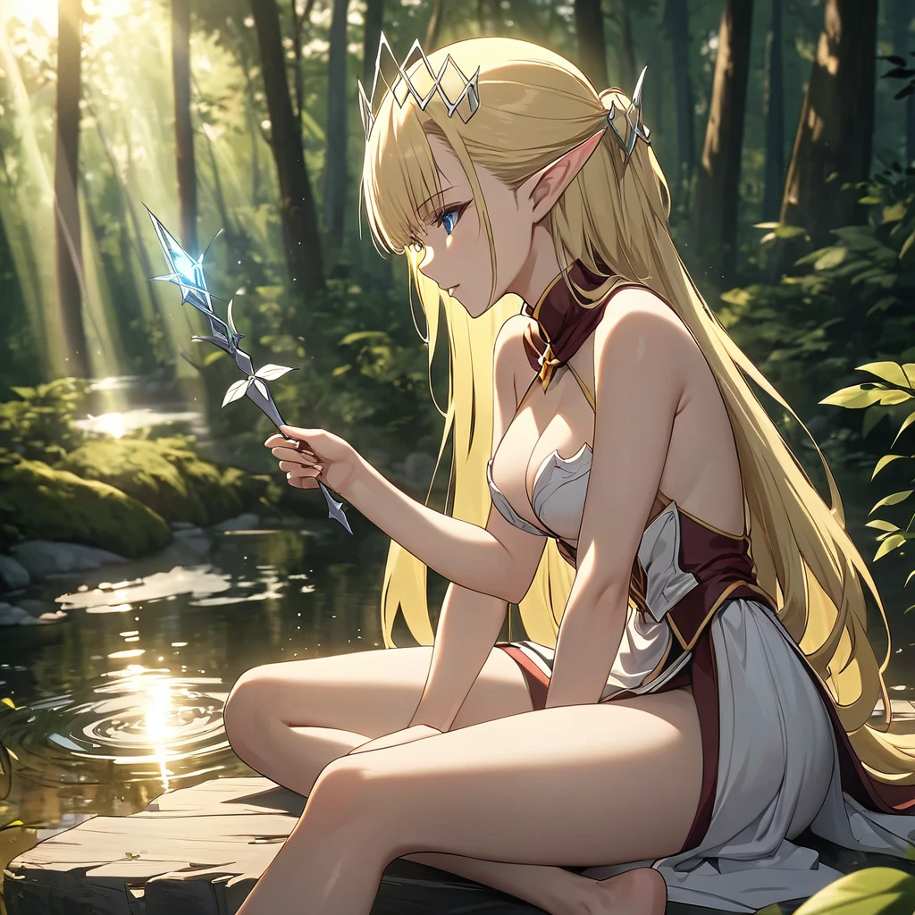 Seras、One of the Elves, Blonde, Long Hair, blue eyes, Forest Lake、Her hair shimmers in the sunlight, creating a magical atmosphere、Forest Lakeの中の岩の上、sit、barefoot、break masterpiece、Beautiful attention to detail:1.2, Perfect lighting, (perfect hand, perfect anatomy)
