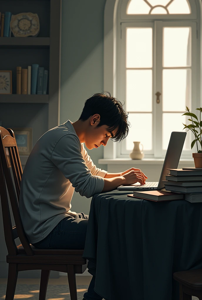 Create a room where there are books, notebooks and a computer on a table, places an exhausted young man, tired sitting in front of the computer Venice 7.83 sec Here is the description of the room you have requested:
A quiet and cozy room, illuminated by a soft light coming from the window. The furniture is simple but elegant.: a round table in the center, covered with a dark blanket, She holds an open laptop and several books and notebooks haphazardly spread out on it. Next to the table, A comfortable chair where an exhausted and tired young man sits, who seems to have spent hours in front of the computer.