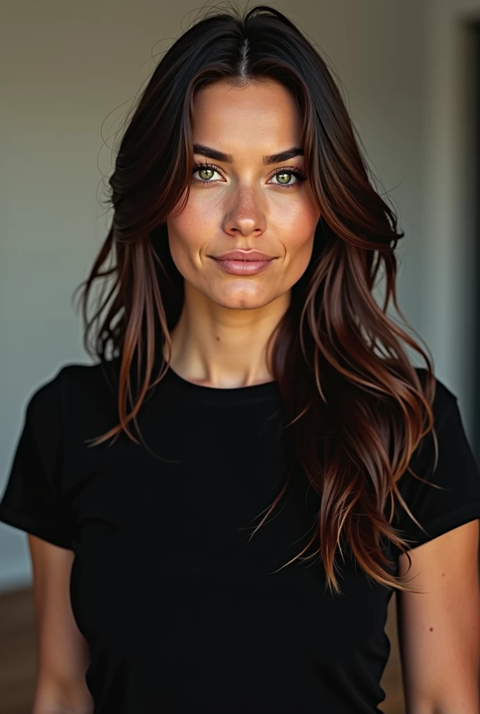 Woman from the front with a black t-shirt