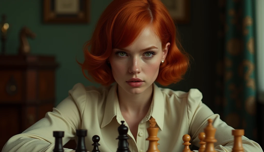 Create an image of a young woman resembling Beth Harmon from 'The Queen's Gambit.' She has red hair styled in a vintage bob haircut, pale skin, and green eyes. The woman is wearing a 1960s-inspired outfit, perhaps a collared dress or a stylish blouse and skirt, sitting at a chessboard with an intense, focused expression. The background could be a classic, dimly lit room or a chess tournament hall, with a few scattered chess pieces on the board in front of her. The overall atmosphere should reflect a blend of intelligence, determination, and a hint of vulnerability.