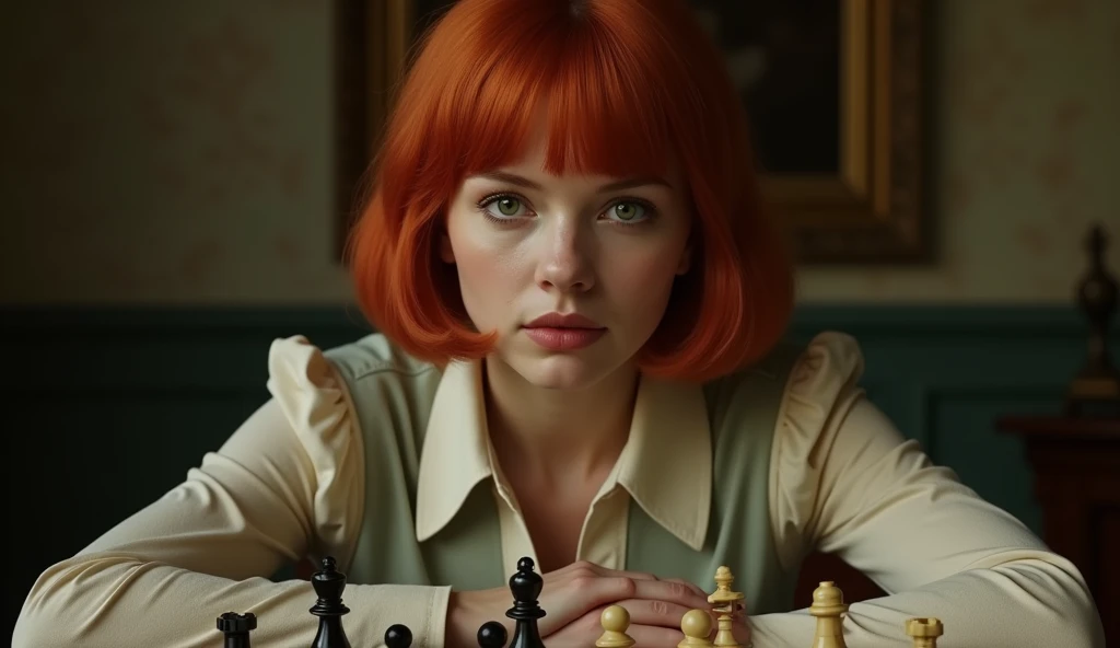Create an image of a young woman resembling Beth Harmon from 'The Queen's Gambit.' She has red hair styled in a vintage bob haircut, pale skin, and green eyes. The woman is wearing a 1960s-inspired outfit, perhaps a collared dress or a stylish blouse and skirt, sitting at a chessboard with an intense, focused expression. The background could be a classic, dimly lit room or a chess tournament hall, with a few scattered chess pieces on the board in front of her. The overall atmosphere should reflect a blend of intelligence, determination, and a hint of vulnerability.