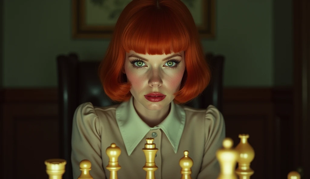 Create an image of a young woman resembling Beth Harmon from 'The Queen's Gambit.' She has red hair styled in a vintage bob haircut, pale skin, and green eyes. The woman is wearing a 1960s-inspired outfit, perhaps a collared dress or a stylish blouse and skirt, sitting at a chessboard with an intense, focused expression. The background could be a classic, dimly lit room or a chess tournament hall, with a few scattered chess pieces on the board in front of her. The overall atmosphere should reflect a blend of intelligence, determination, and a hint of vulnerability.