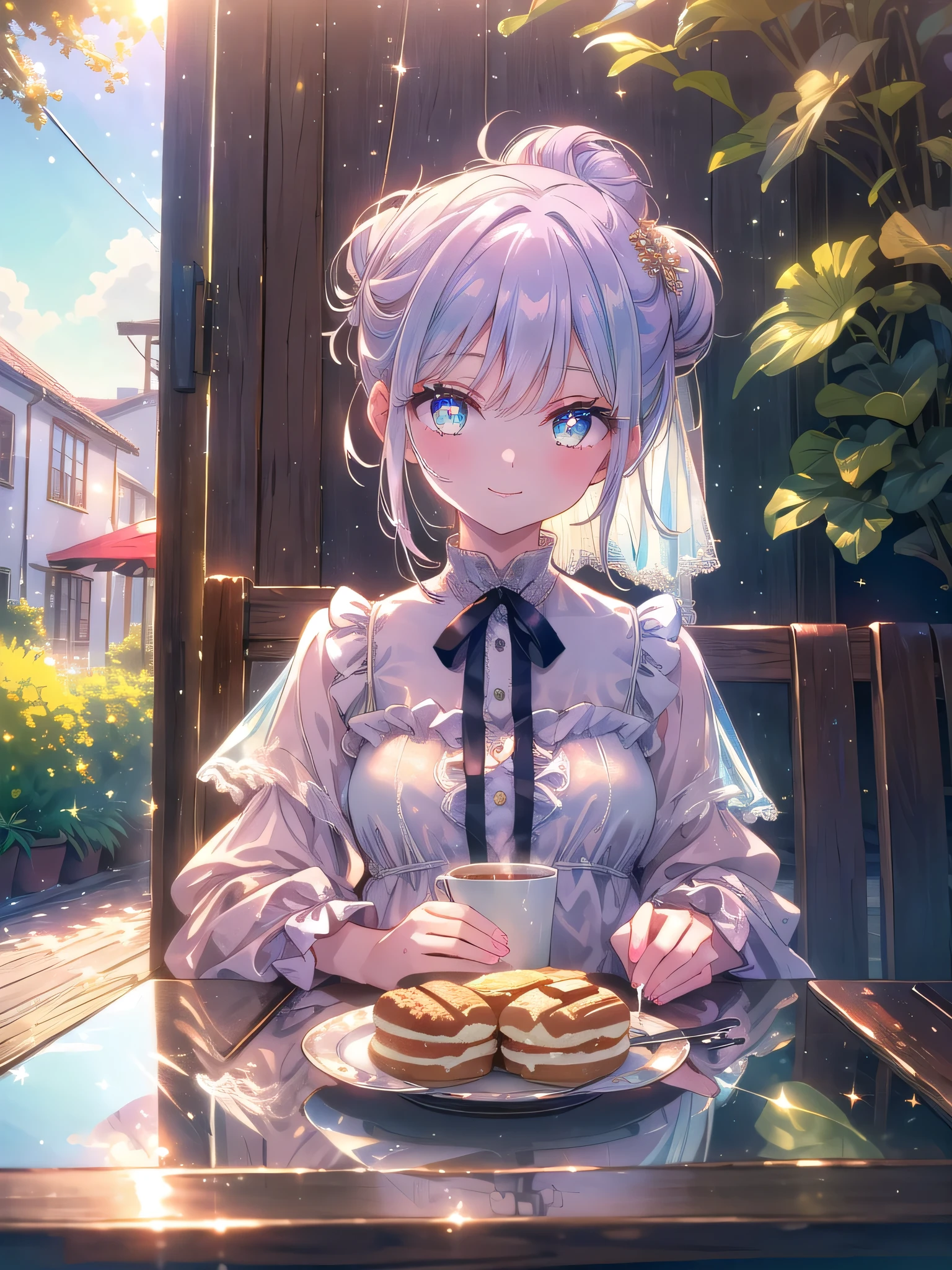 ((8k, Highest quality, masterpiece: 1.3)),Ultra-high resolution,(1 girl, alone), (Color changing eyes, Ultra-detailed, Expressive brilliance, Glitter, Glowing Eyes), Highly detailed eyes, Highly detailed face, Random Hair, ((pastel colour)The woman is seated at a small, round table in an outdoor café, the late afternoon sun casting a warm glow over the scene. A simple cup of iced coffee, condensation forming on the glass, sits in front of her, alongside a small plate with a single biscotti. She’s dressed in a casual, loose-fitting summer dress with a light floral pattern, and her hair is tied up in a messy bun, with a few strands framing her face. She looks at the camera with a serene, contented smile, her eyes soft and reflective as if she’s enjoying the quiet moment and the gentle breeze.