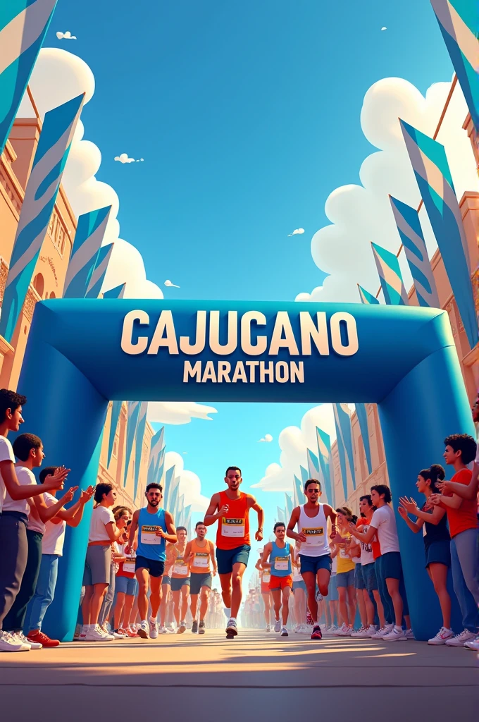 Marathon finish line with the phrase Cajucano Marathon on a blue stripe