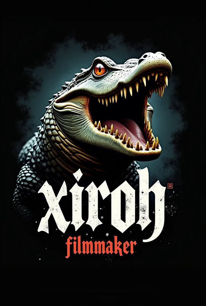 Design a logo for a company called "XiroH Filmmaker" featuring a menacing cocodrile with a snarling expression, bared teeth, and piercing brown eyes on a dark black background that evokes a sense of gritty urbanism, characteristic of streetwear style. The logo should incorporate bold, vibrant graffiti-inspired lettering with distressed textures, splatters, and abstract shapes, XiroH Filmmaker symbolizing the brand's bold and fearless attitude. The text "XiroH Filmmaker" should be rendered in a stylized, cursive script with the words "XiroH Filmmaker" written in a larger, more prominent font, , yet still striking, font, possibly with an arrow or other graphic element integrated into the design to convey a sense of motion and energy. The overall aesthetic should be raw, edgy, and attention-grabbing, blending the worlds of street art and high-fashion.