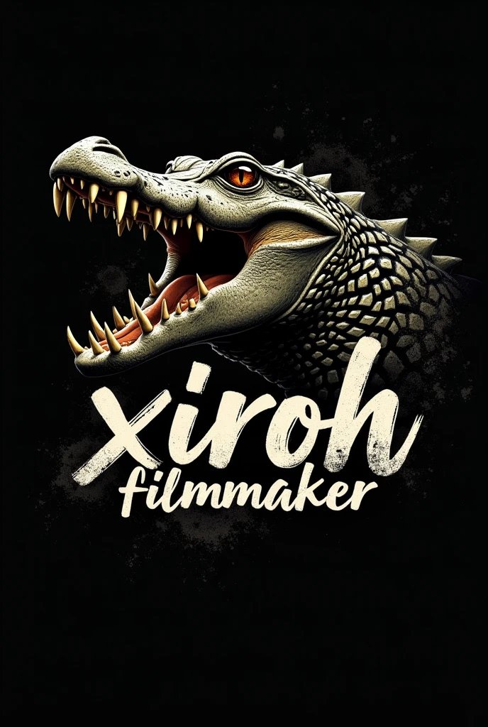 Design a logo for a company called "XiroH Filmmaker" featuring a menacing cocodrile with a snarling expression, bared teeth, and piercing brown eyes on a dark black background that evokes a sense of gritty urbanism, characteristic of streetwear style. The logo should incorporate bold, vibrant graffiti-inspired lettering with distressed textures, splatters, and abstract shapes, XiroH Filmmaker symbolizing the brand's bold and fearless attitude. The text "XiroH Filmmaker" should be rendered in a stylized, cursive script with the words "XiroH Filmmaker" written in a larger, more prominent font, , yet still striking, font, possibly with an arrow or other graphic element integrated into the design to convey a sense of motion and energy. The overall aesthetic should be raw, edgy, and attention-grabbing, blending the worlds of street art and high-fashion.