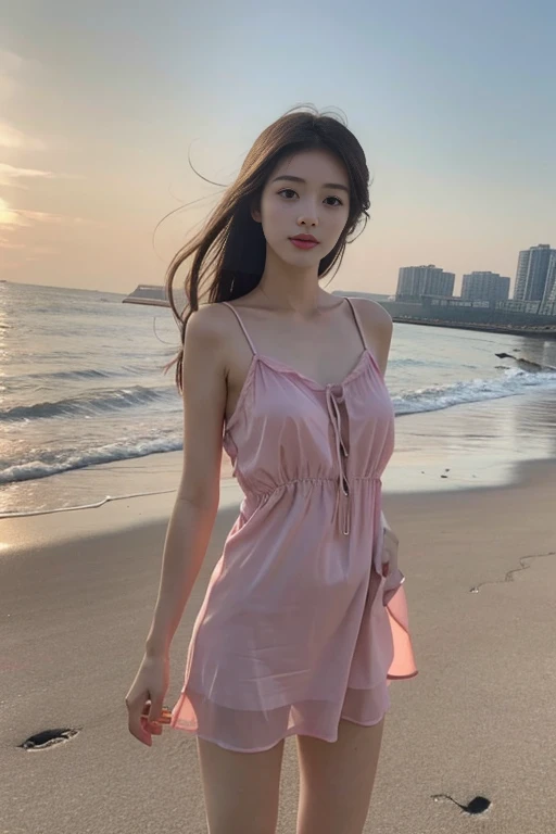 1 Girl,seaside,Soft Light,Chinese Beauty,Slip nightdress