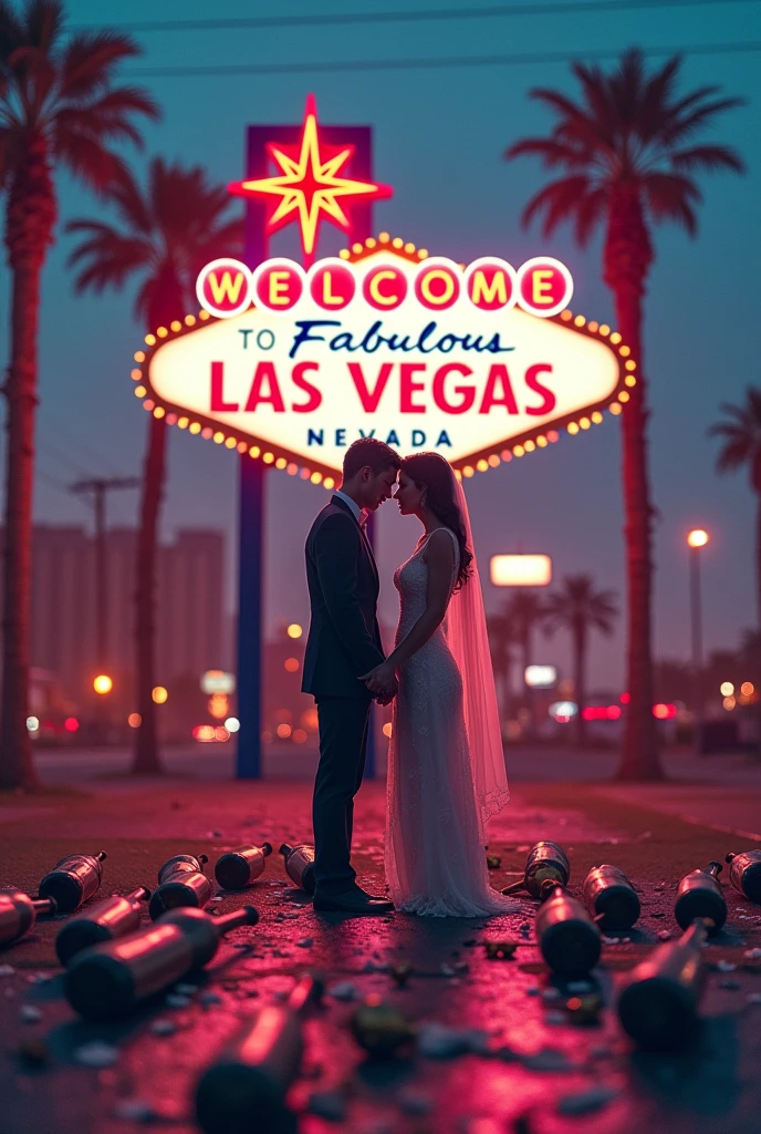 1. **Las Vegas as a background**: An image of the iconic sign "Welcome to Fabulous Las Vegas" or a stylized representation of the city with neon lights can set the scene.

Messy Wedding Elements**: Add details like a veil or tie thrown over, maybe fallen wedding rings or champagne bottles, to suggest improvisation and chaos.



You can show silhouettes or illustrations of the protagonists looking at each other with surprise and confusion., scruffy wedding dresses, implying that they were not planning to be together.

Consider using a vibrant palette with neon or pastel shades., Combining the romance and festive atmosphere of Las Vegas.