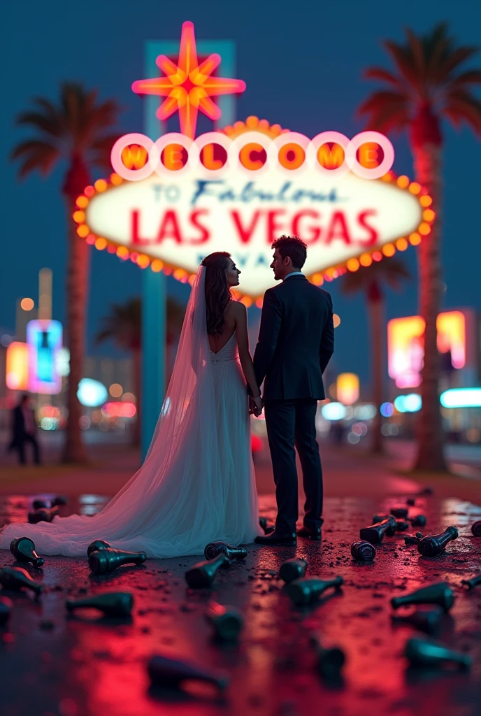 1. **Las Vegas as a background**: An image of the iconic sign "Welcome to Fabulous Las Vegas" or a stylized representation of the city with neon lights can set the scene.
Messy Wedding Elements**: Add details like a veil or tie thrown over, maybe fallen wedding rings or champagne bottles, to suggest improvisation and chaos.
You can show silhouettes or illustrations of the protagonists looking at each other with surprise and confusion., scruffy wedding dresses, implying that they were not planning to be together.
Consider using a vibrant palette with neon or pastel shades., Combining the romance and festive atmosphere of Las Vegas.