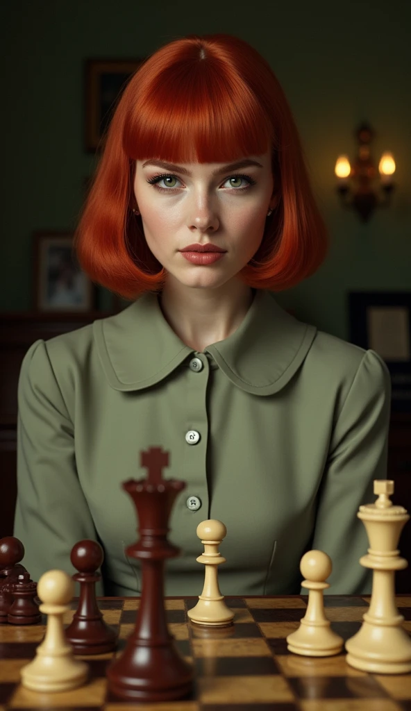 Create an image of a young woman resembling Beth Harmon from 'The Queen's Gambit.' She has red hair styled in a vintage bob haircut, pale skin, and green eyes. The woman is wearing a 1960s-inspired outfit, perhaps a collared dress or a stylish blouse and skirt, sitting at a chessboard with an intense, focused expression. The background could be a classic, dimly lit room or a chess tournament hall, with a few scattered chess pieces on the board in front of her. The overall atmosphere should reflect a blend of intelligence, determination, and a hint of vulnerability.