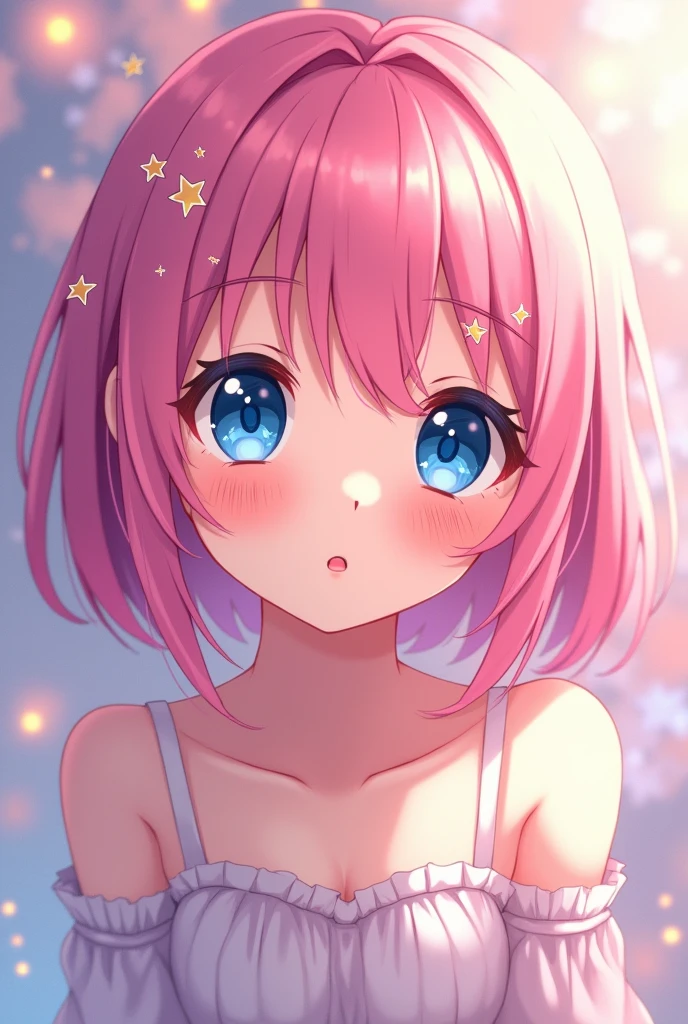 Anime girl with pink hair and blue eyes with stars on her head, cute art style, beautiful anime art style, anime art style, lindo style of anime, anime art style, Beautiful drawing style, trends in art, anime art style de alta qualidade, rossdraws pastel vibrante, A beautiful anime portrait, colourful drawing, cute aesthetic with vibrancy, style of anime, anime vibes