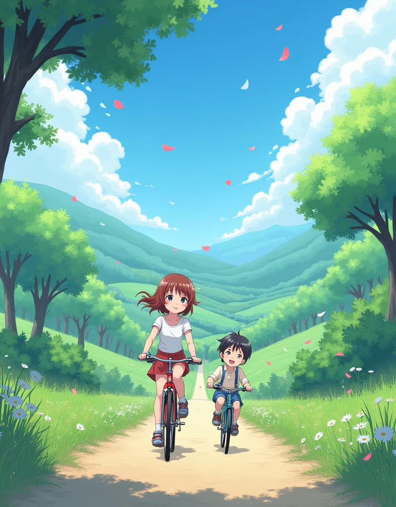 Create a anime style landscape close-up image. Cycling of girl with boy