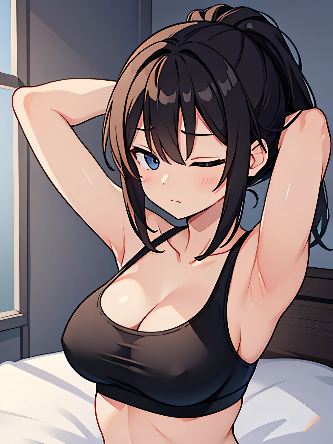 woman、Bed、Eyes closed、tired、Exhaling、Black sports bra、Arms behind head、Sexy expression