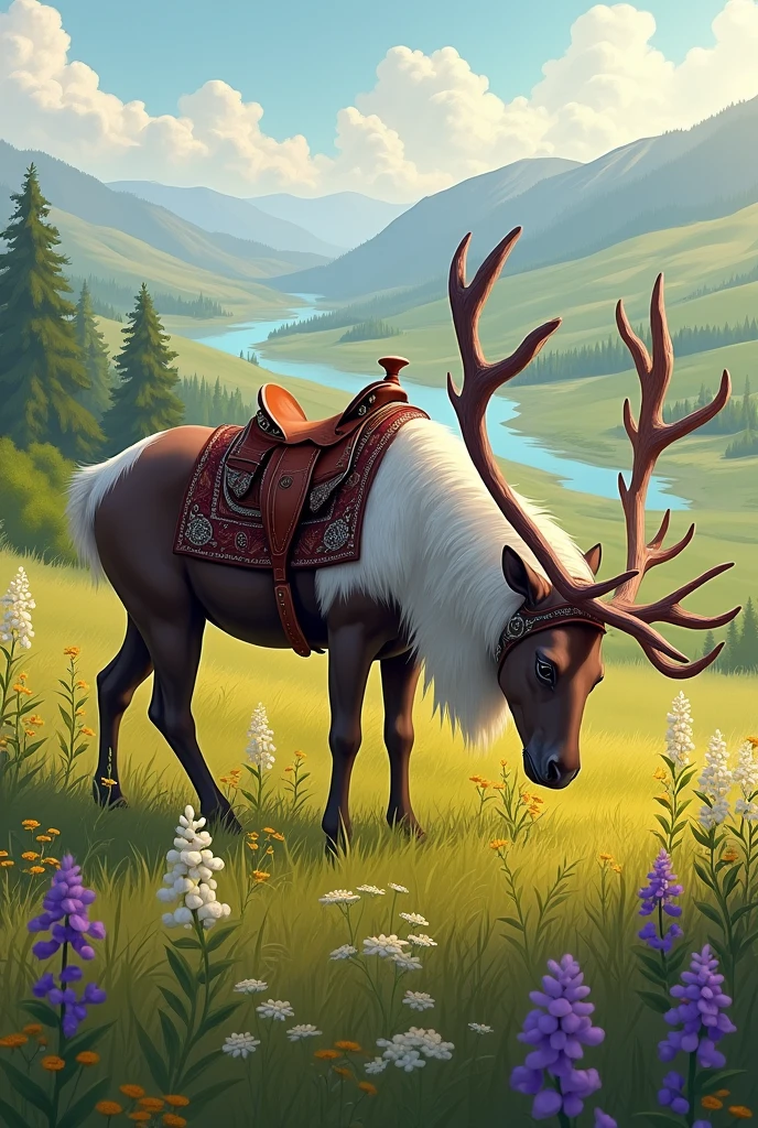 Draw a highly detailed, photorealistic reindeer that is wearing a intricately designed Western riding saddle, adorned with silver accents and ornate stitching, as it grazes peacefully in a lush, vibrant meadow filled with tall grasses and wildflowers of varying colors, including gentle purples, soft yellows, and creamy whites. The atmosphere is serene, with a few wispy clouds scattered across the sky, allowing the warm sunlight to filter through and cast a gentle glow on the scene. In the background, a rolling green landscape stretches towards the horizon, dotted with low-lying trees and dense thickets of bushes, which gradually give way to a meandering medium-sized river that flows smoothly, its calm waters reflecting the surrounding landscape. Beyond the river, the gentle outlines of a distant mountain range rise up, their peaks softened by the haze of atmosphere. The reindeer itself is majestic, with a thick, velvety brown coat, white fur around its eyes, and a pair of impressive antlers that rise from its forehead, their intricate branches reaching towards the sky. don't forget the saddle. The saddle is the most important equipment for this image, as it shows that the reindeer is a mount for the rider to ride on.
