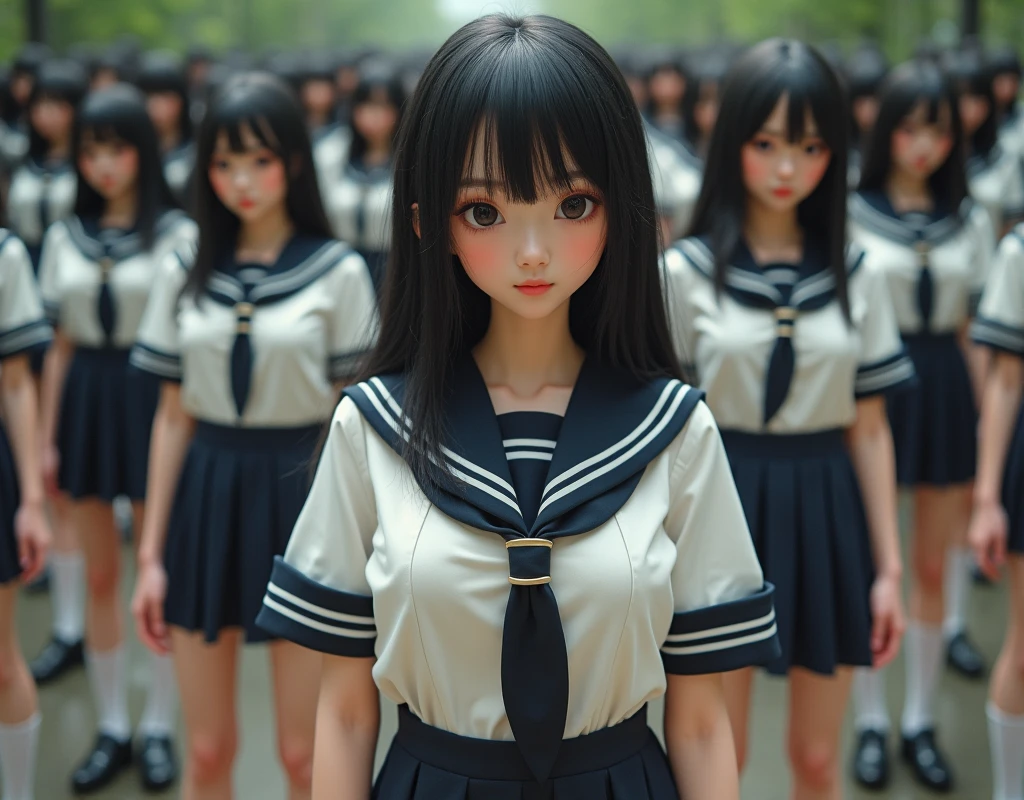 (Japanese Clone-girls=Myself), (Super Best masterpiece Clone-girls Raw Photography Art), (16K, Highest quality, Ultra-high resolution, RAW Photos), (It's so unrealistic., With unparalleled depiction, With an unfathomable sight, An unprecedented and shocking worldview, Clone-girls: In a world of mass reproduction, Ultra-realistic), (Japanese Girls, , Small face, Thick black hair, long hair, Dark Eyes, Mature face, かわいいsmile, Smiling face, A gentle gaze, Very pleasant look), (Very beautiful detailed girls, Accurate body structure, Accurate body movements, Very detailed body, (Super big breasts, Large bulge of ample breasts)), (Schoolgirl uniform, Short sleeve, mini skirt, Emphasise the fullness of your breasts), (Very detailed, Myself cloning, Depiction of splitting oneself, 1Myself girl→1,000,000,000,000,000,000,000,000,000,000Myself cloning girls), (Myself's clone girls, With the same perfect appearance without any difference, to multiply in large numbers), (Myself's multiplying female body, In the same female body,With the same face, With the same hairstyle, In the same clothes, At the same height, 同じSuper big breastsで, The same indistinguishable female body, 1,000,000,000,000,000,000,000,000,000,000 people), (Myself girls only), Academy, academic level, Commemorative photo depiction, Tiered stage photography, smile, Front view