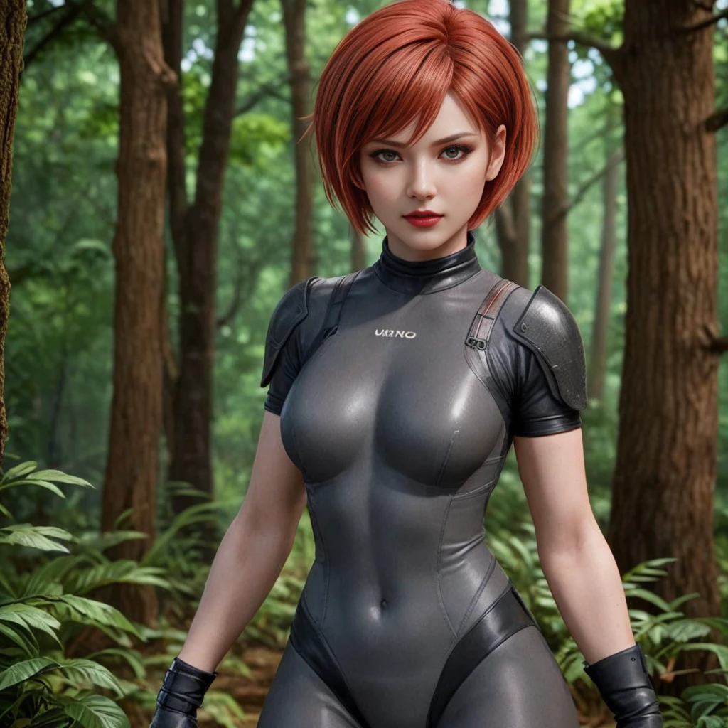 Red hair "REGINA", "DINO CRISIS GAME", quality, atlas, high resolution (4k, 8k), detailed portrait, beautiful and detailed face, delicate face, brown eyes, black makeup, red lipstick, Perfect Body, soft lighting, vivid colors, expression of anger.