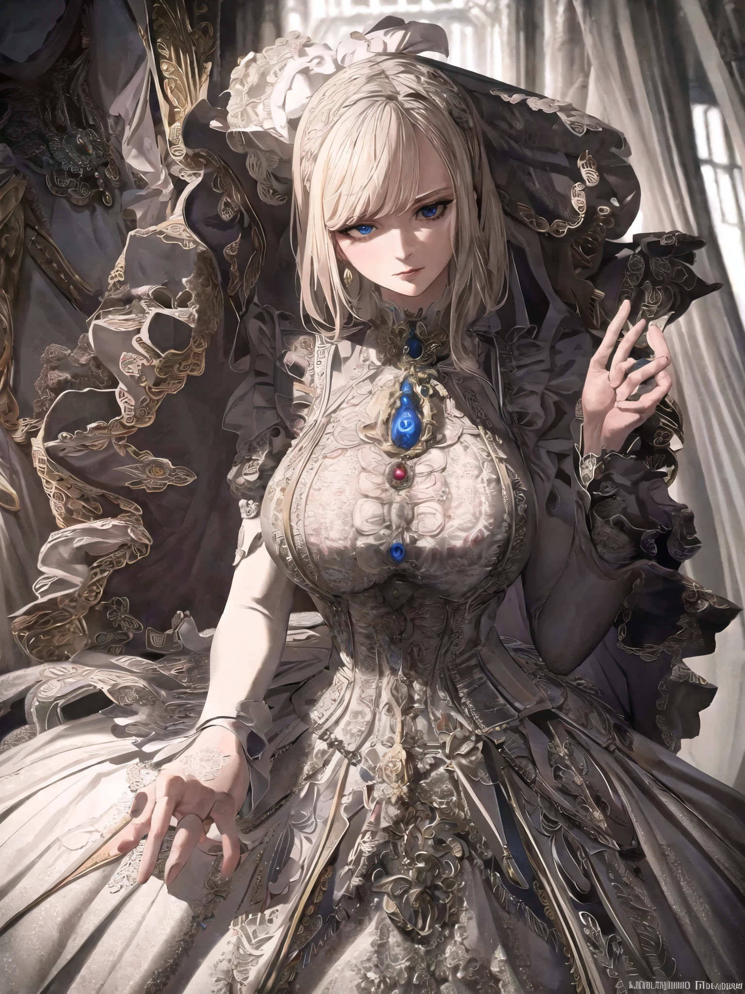 8k, masterpiece, intricately detailed, solo, russian girl, (victorian dress), (full body), brooch, lace, bodice,
