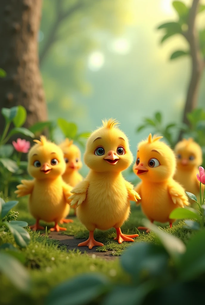 several colorful chicks among the plants, 3D cartoon style, cinematic