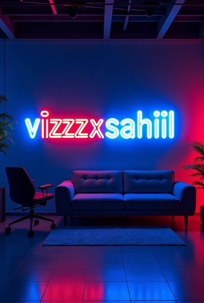 create a youtube studio background with a modern and sleek design in the centre of background display the name VizZzxSAHiiiL in bright neon light with correct spelling and same letters The neon light should be a vibrate colour such a electric blue and red Surround the neon text with subtle complementry lighting and decor that enhance the studio aesthetic .The overall ambiance should be stylish , professional,and inviting, peefect for a youtube content creator's studio