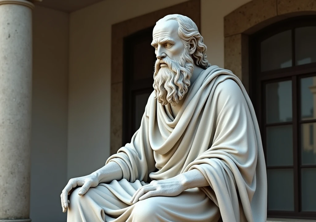 stoicism, motivation, stoic marble statue, calm, sitting, robe, long beard, aged, full body, hyper-realistic, 8k, incredible, beautiful, frightening, old home background
