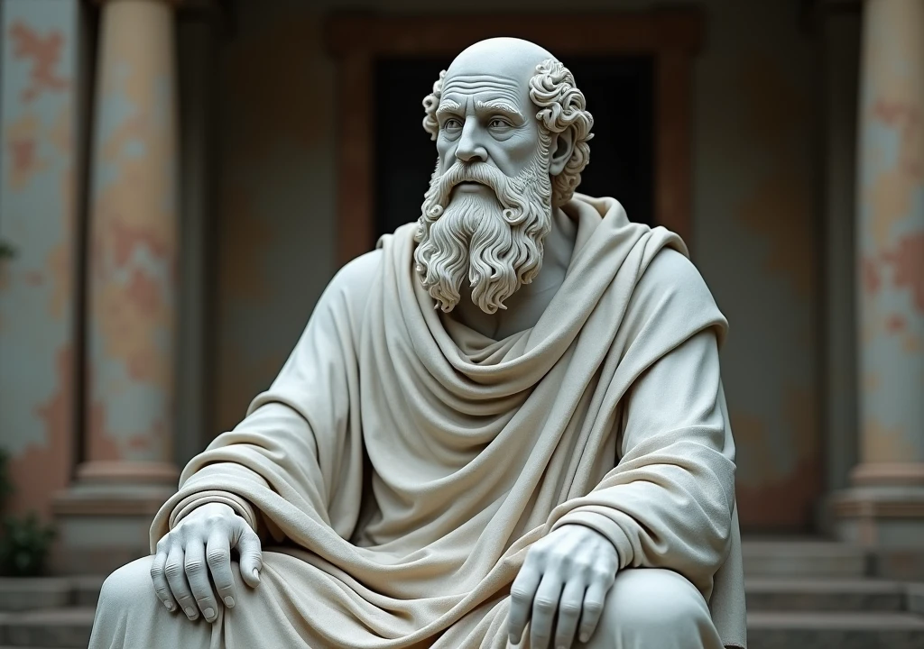 stoicism, motivation, stoic marble statue, calm, sitting, robe, long beard, aged, full body, hyper-realistic, 8k, incredible, beautiful, frightening, old home background
