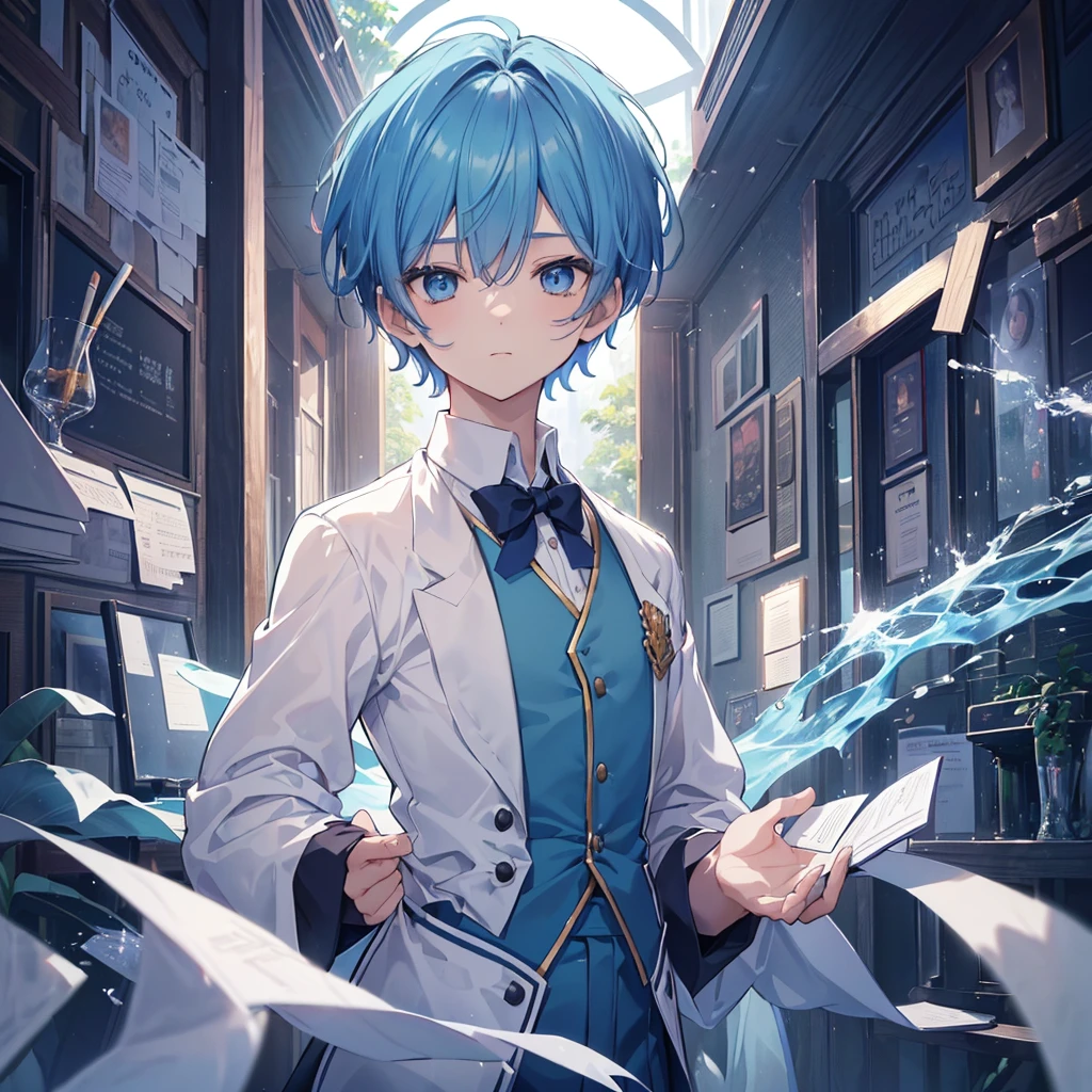((คุณภาพดีที่สุด)), ((ผลงานชิ้นเอก)), (รายละเอียด), 1. A cute boy with blue hair, light blue eyes, short hair, wearing a magic school uniform in a magic school.